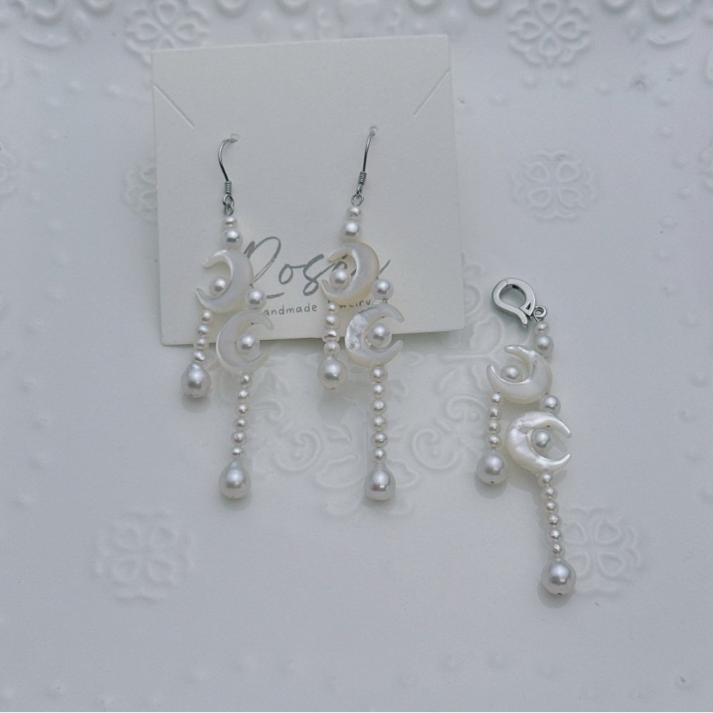 E245 S925 Handmade Freshwater Pearl MOP moon Earrings Pendant Set